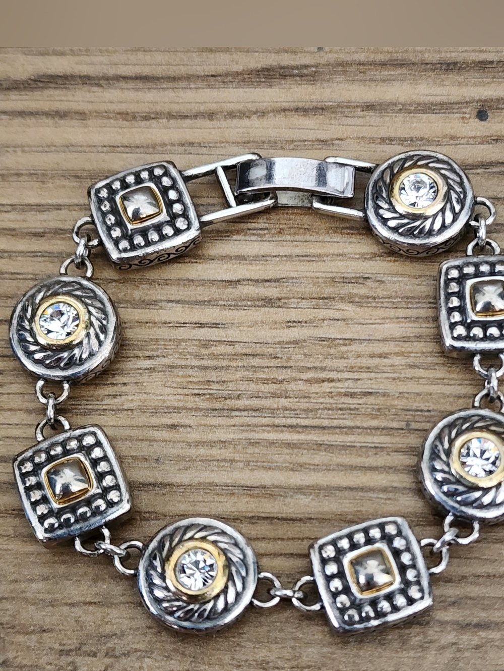 Brighton Heiress Link Bracelet Antique Silver & Gold Tone Clear Crystals Accents